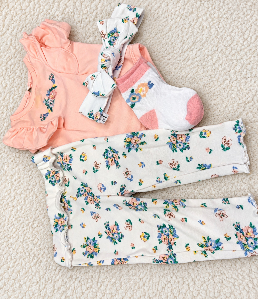 Floral Baby Girls Bodysuit Pants Set Pink Multi Size 6-9 Months 4 Piece Outfit